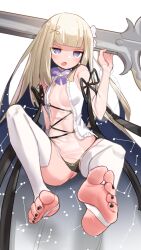  1girl absurdres amanogawa_shiina barefoot blonde_hair blue_eyes feet highres long_hair looking_at_viewer open_mouth phase_connect pompmaker1 soles stirrup_legwear toeless_legwear toes virtual_youtuber  rating:Questionable score:42 user:ssfl