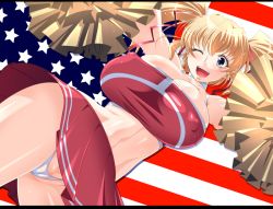 1girl american_flag aoi_nagisa_(metalder) blonde_hair blue_eyes breasts cameltoe cheerleader cleft_of_venus covered_erect_nipples datsui_mahjong_battle_royal_48 flag game_cg hair_ribbon huge_breasts large_breasts letterboxed long_hair milia_(battle_royal_4) one_eye_closed open_mouth panties pom_pom_(cheerleading) ribbon solo techgian thong twintails underwear united_states rating:Questionable score:67 user:danbooru