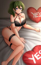  1girl bare_arms bare_shoulders barefoot bed_sheet between_breasts black_choker breasts choker cleavage collarbone commentary feet_out_of_frame green_hair hair_between_eyes heart_pin highres kazenokaze large_breasts licking_lips long_hair purple_eyes side_ponytail solo sousou_no_frieren tongue tongue_out ubel_(sousou_no_frieren) yes yes-no_pillow 