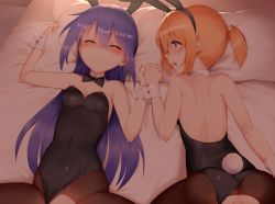 2girls animal_ears arm_up armpits ass babu bare_back bare_shoulders bed black_legwear black_leotard blonde_hair blush breasts brown_eyes cleavage clothing_aside covered_navel dark detached_collar closed_eyes fake_animal_ears fake_tail hairband holding_hands implied_sex koisuru_asteroid konohata_mira leotard leotard_aside long_hair lying manaka_ao moaning multiple_girls on_back on_stomach open_mouth out-of-frame_censoring pantyhose pillow pillow_grab playboy_bunny ponytail purple_hair rabbit_ears rabbit_tail short_hair small_breasts strapless strapless_leotard tail tears thighs top-down_bottom-up torn_clothes torn_legwear wrist_cuffs rating:Explicit score:185 user:danbooru