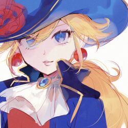  1girl ascot blonde_hair blue_eyes blue_hat blue_jacket closed_mouth earrings eyelashes flower hanaon hat hat_flower jacket jewelry long_hair looking_at_viewer mario_(series) nintendo official_alternate_costume princess_peach princess_peach:_showtime! rose solo sphere_earrings swordfighter_peach upper_body white_ascot white_background 