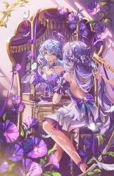  1girl 1other aqua_eyes backless_dress backless_outfit bare_shoulders brushing_another&#039;s_hair brushing_hair commentary cosmetics detached_sleeves dress flower highres holding holding_lipstick_tube honkai:_star_rail honkai_(series) jessica_wijaya lipstick_tube mirror purple_flower purple_hair robin_(honkai:_star_rail) short_sleeves sitting solo_focus 