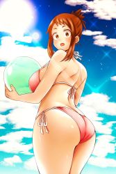 1girl :o adahcm alternate_hairstyle ass back bare_shoulders bikini blue_sky blush boku_no_hero_academia breasts brown_eyes brown_hair cloud female_focus fingernails highres holding huge_ass large_breasts looking_at_viewer matching_hair/eyes open_mouth outdoors pink_bikini shiny_skin short_hair side-tie_bikini_bottom sideboob sidelocks sky solo standing swimsuit thick_thighs thighhighs thighs tongue uraraka_ochako rating:Sensitive score:44 user:JustHere4Tits