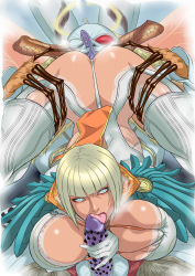  1boy 1girl 69 bar_censor between_breasts blonde_hair blunt_bangs bob_cut breasts capcom censored character_request dark_skin devil_may_cry devil_may_cry_(series) devil_may_cry_4 dmc erection fellatio gloria_(devil_may_cry) gloves hetero huge_breasts large_breasts leotard licking licking_penis looking_at_viewer monster monster_sex no_bra oral penis penis_grab pointless_censoring shibire_hitsuji short_hair slit_pupils spiked_penis tagme thong_leotard white_gloves  rating:Explicit score:82 user:thebatman