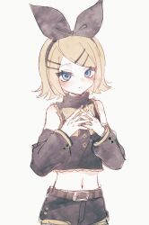  1girl bare_shoulders belt belt_buckle black_bow black_hairband black_shorts blonde_hair blue_eyes bow bow_hairband brown_belt buckle eob eyelashes faux_traditional_media frilled_shirt frills hair_ornament hairband hairclip hands_on_own_chest highres kagamine_rin light_blush looking_at_viewer midriff narrow_waist navel outside_border own_hands_clasped own_hands_together pale_skin shirt shorts skinny sleeveless sleeveless_shirt tsurime turtleneck vocaloid 