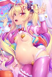  1girl :d animal_ears blonde_hair blush bow bowtie breasts hair_ornament heart_pasties highres loli long_hair looking_at_viewer maebari medium_breasts meme_attire multicolored_hair navel navel_piercing open_mouth original pasties piercing pink_thighhighs pointy_ears pregnant purple_hair rabbit_ears rabbit_tail red_eyes red_nails reverse_bunnysuit reverse_outfit small_breasts smile solo tail teeth thighhighs toraishi_666 twintails two-tone_hair very_long_hair  rating:Explicit score:85 user:danbooru
