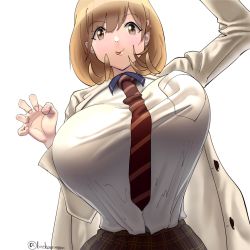 1girl :p baconegg bouncing_breasts breasts brown_eyes brown_hair hair_ornament hairclip heart heart_hair_ornament huge_breasts lab_coat looking_at_viewer narusawa_ryouka necktie occultic;nine plaid plaid_skirt shirt_tucked_in short_hair simple_background skirt solo tongue tongue_out twitter_username white_background rating:Questionable score:59 user:danbooru