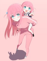  2girls :d absurdres blue_eyes bocchi_the_rock! carrying child commentary cube_hair_ornament foreshortening from_above gotoh_futari gotoh_hitori hair_ornament highres jacket light_smile long_hair multiple_girls open_mouth pants perspective piggyback pink_background pink_hair pink_jacket pink_pants pink_theme pink_track_suit setsuna_bluem34 siblings side_ahoge sidelocks simple_background sisters smile track_jacket v 