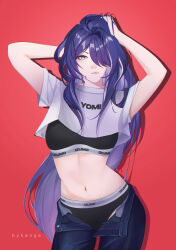  1girl absurdres acheron_(honkai:_star_rail) alternate_costume artbyhange artist_name black_bra black_panties bra character_name clenched_teeth commentary cowboy_shot crop_top denim diamond-shaped_pupils diamond_(shape) drop_shadow english_commentary english_text hand_in_own_hair hand_on_own_head highres honkai:_star_rail honkai_(series) jeans long_hair looking_at_viewer multicolored_hair navel open_fly panties pants parted_lips purple_eyes purple_hair red_background shirt single_hair_intake solo sports_bra stomach streaked_hair symbol-shaped_pupils teeth underwear very_long_hair white_shirt 