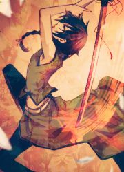  1boy bare_arms belt black_nails black_pants blue_eyes braid chinese_clothes commentary_request fighting_stance from_side holding holding_sword holding_weapon keine_ron long_hair male_focus matsuda_toki nail_polish pants petals pinky_out profile single_braid sleeveless solo sword utau weapon white_belt 
