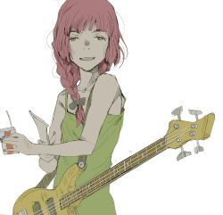  1girl bare_shoulders bass_guitar bocchi_the_rock! bow braid camisole collarbone commentary electric_guitar food green_camisole grey_bow guitar hair_bow highres hiroi_kikuri holding holding_food holding_guitar holding_instrument instrument juice_box long_hair looking_at_viewer open_mouth pink_hair simple_background solo tamaoki_benkyou upper_body white_background 