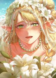  1girl alternate_costume blonde_hair blush breasts bridal_veil chagok_yun cleavage collarbone dress dungeon_meshi elf female_pov green_eyes hair_ornament highres jewelry lace lace-trimmed_dress lace-trimmed_veil lace_collar lace_trim long_hair looking_at_viewer marcille_donato open_mouth pointy_ears pov simple_background smile standing veil wedding_dress 