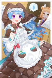  2girls adapted_costume alternate_color alternate_costume apron armor blonde_hair blue_hair blush brown_capelet brown_dress capelet double_bun dress flower fur-trimmed_apron fur_trim hair_bun hair_ribbon haniyasushin_keiki haniyasushin_keiki_(flour_egg_&amp;_milk_are_all_i_need!) head_scarf heart highres jewelry joutouguu_mayumi long_hair long_sleeves magatama magatama_necklace milll_77 multiple_girls necklace open_mouth puffy_long_sleeves puffy_short_sleeves puffy_sleeves purple_eyes ribbon short_hair short_sleeves smile spoken_sweatdrop sweatdrop touhou touhou_lostword yellow_eyes 