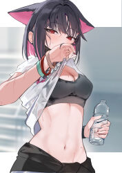  1girl absurdres animal_ears band black_hair black_sports_bra blue_archive blush bottle breasts cat_ears cleavage extra_ears highres kazusa_(band)_(blue_archive) kazusa_(blue_archive) looking_at_viewer medium_breasts navel official_alternate_costume pink_hair print_shirt red_eyes shirt short_hair solo sports_bra stomach sweat ume_(plumblossom) water_bottle 