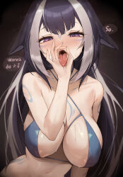  1girl animal_ears arm_tattoo black_hair blue_collar body_markings breasts chest_tattoo collar english_text facial_tattoo fellatio_gesture heart highres indie_virtual_youtuber large_breasts long_hair looking_at_viewer multicolored_hair open_mouth orca_girl purple_eyes saliva saliva_trail shylily shylily_(bikini) speech_bubble streaked_hair swimsuit tattoo virtual_youtuber whale_girl whispering_for_nothing white_hair  rating:Questionable score:265 user:danbooru