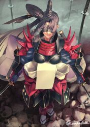  1girl armor black_hair black_hat blindfold breasts dual_wielding fate/grand_order fate_(series) grin hair_bun hat highres holding japanese_armor katana kote large_breasts long_hair long_sleeves pants parted_bangs purple_lips sash shoulder_armor side_ponytail sidelocks signature single_side_bun smile sode solo suneate sword taira_no_kagekiyo_(fate) taira_no_kagekiyo_(second_ascension)_(fate) tonko_from ushiwakamaru_(fate) weapon white_pants 