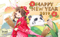  1boy 1girl 2019 animal_ears artist_request body_writing brown_hair copyright_name drawing_on_another&#039;s_face elin flower furry green_kimono happy_new_year highres japanese_clothes kimono long_hair mount_fuji new_year obi official_art official_wallpaper open_mouth panda panda_ears popori purple_eyes rabbit_ears red_kimono sash smile tera_online wallpaper 