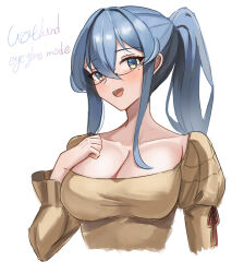  1girl bespectacled blue_eyes blue_hair breasts brown_dress character_name cleavage collarbone dimos_(dawn_1945) dress glasses gotland_(kancolle) highres kantai_collection large_breasts long_hair looking_at_viewer mole mole_under_eye official_alternate_costume ponytail simple_background smile solo upper_body white_background 