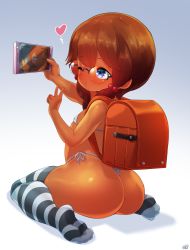 1girl ass backpack bag bare_arms bare_shoulders bikini born-to-die brown_hair cellphone covered_erect_nipples dark-skinned_female dark_skin female_focus from_behind full_body glasses hair_bobbles hair_ornament heart highres holding holding_phone loli one_eye_closed original phone randoseru shiny_skin sitting smartphone solo striped_clothes striped_thighhighs swimsuit thighhighs thong v wariza rating:Questionable score:162 user:Domestic_Importer