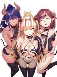 3girls animal animal_on_head armpit_crease bare_shoulders black_gloves black_legwear black_shorts blue_eyes breasts cat choker cleavage collarbone commentary_request criss-cross_halter dark-skinned_female dark_skin demon_girl demon_horns demon_tail elbow_gloves closed_eyes from_above gentsuki gloves groin halterneck hand_on_own_hip hand_up highleg highres horns large_breasts latex latex_gloves leg_up lily_(gentsuki) long_hair looking_at_viewer maha_(gentsuki) micro_shorts mini_wings mole mole_under_eye multiple_girls navel on_head open_mouth parted_lips pointy_ears ponytail purple_hair revealing_clothes shachiku_succubus_no_hanashi sheth_(gentsuki) shorts simple_background stomach tail thick_eyebrows thighhighs thighs two_side_up white_background wings rating:Sensitive score:131 user:danbooru