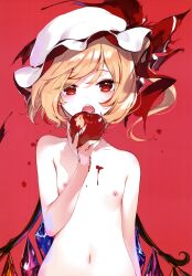 1girl absurdres apple blonde_hair blood crystal fangs female_focus flandre_scarlet flat_chest food fruit hat highres holding holding_food holding_fruit ke-ta loli looking_at_viewer mob_cap navel nipples nude open_mouth red_background red_eyes simple_background solo swept_bangs touhou upper_body white_hat wings rating:Questionable score:95 user:danbooru