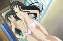 1girl ass blush brown_eyes female_focus flat_chest from_behind highres loli long_hair mirror nipples nude_filter panties shakugan_no_shana shana solo third-party_edit topless underwear rating:Questionable score:69 user:Leventinos