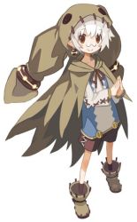  1boy brown_cape brown_eyes brown_shorts cape closed_mouth disgaea earrings full_body glasses harada_takehito hood jewelry looking_at_viewer male_focus official_art pince-nez pointy_ears shirt shoes shorts skull_(disgaea) smile solo standing white_background white_hair 