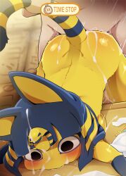 1girl animal_crossing animal_ears ankha_(animal_crossing) bent_over black_eyes blue_hair blush breasts cat_ears cat_girl cat_tail completely_nude cum cum_on_ass cum_on_back cum_on_body cum_on_hair dagashi_(daga2626) english_text furry furry_female highres nintendo nude sex sex_from_behind small_breasts solo_focus tail time_stop top-down_bottom-up yellow_fur rating:Explicit score:103 user:danbooru