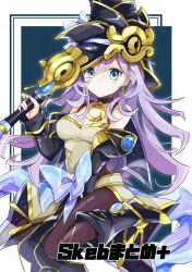  1girl bare_shoulders blue_bow blue_eyes bow breasts cleavage collarbone commission detached_sleeves dress duel_monster eye_of_horus hair_between_eyes hat highres holding holding_wand long_hair long_sleeves medium_breasts nightmare_apprentice pantyhose purple_hair skeb_commission solo ukyou_kuro wand witch witch_hat wizard_hat yu-gi-oh! 