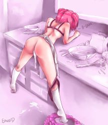 1girl after_vaginal aftersex apron ass back bad_id bad_pixiv_id bent_over bra cum cum_in_pussy cum_pool cumdrip doki_doki_literature_club english_text ernst_d from_behind fucked_silly highres kitchen kneehighs kneepits leaning_forward legs_apart mixing_bowl natsuki_(doki_doki_literature_club) nearly_naked_apron panties panties_around_leg pink_hair pink_skirt pink_theme purple_bra purple_panties revision romaji_text short_twintails simple_background skirt skirt_around_one_leg socks solo spread_legs standing tiptoes trembling twintails uncensored underwear waist_apron white_socks rating:Explicit score:556 user:danbooru
