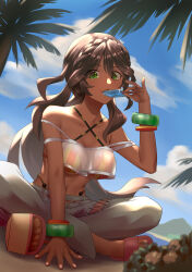  1girl absurdres andromeda_(fate) andromeda_(second_ascension)_(fate) bandeau bare_shoulders beach bikini bikini_under_clothes blue_sky blush bracelet braid breasts brown_hair cleavage criss-cross_halter cross-laced_clothes crown_braid d-l-l dark-skinned_female dark_skin denim fate/grand_order fate_(series) food green_eyes grey_pants halterneck highleg highleg_bikini highres indian_style jeans jewelry large_breasts long_hair looking_at_viewer low_ponytail multicolored_bikini multicolored_clothes navel palm_tree pants popsicle rainbow_bikini sandals see-through sidelocks sitting sky smile solo swimsuit tree 