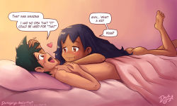  ! 1boy 1girl :t ? aftersex alternate_color artist_name ash_ketchum ass black_hair blanket blush child_on_child comic creatures_(company) dark_gargo dark_skin english_text feet flat_chest foot_up game_freak gradient_background happy heart hetero highres iris_(pokemon) loli long_hair looking_at_another lying nintendo on_back on_stomach open_mouth pillow pokemon pokemon_(anime) purple_hair shota simple_background smile speech_bubble text_focus tongue  rating:Questionable score:179 user:gandalrf_saito