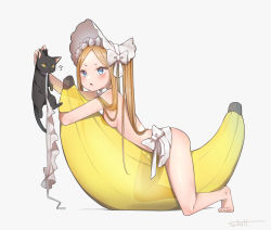 1girl :o ? abigail_williams_(fate) abigail_williams_(swimsuit_foreigner)_(fate) abigail_williams_(swimsuit_foreigner)_(third_ascension)_(fate) absurdres animal artist_name banana barefoot bikini bikini_bottom_only black_cat blonde_hair blue_eyes blush body_blush bonnet bow breast_press breasts cat fate/grand_order fate_(series) food fruit full_body highres holding holding_animal inflatable_banana inflatable_toy long_hair looking_at_animal microskirt open_mouth shiny_skin signature simple_background skirt skoll_world small_breasts solo swimsuit tareme thighs toes topless very_long_hair watermark white_background white_bikini white_headwear rating:Questionable score:108 user:danbooru