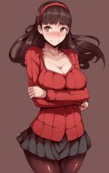  1girl alternate_breast_size amagi_yukiko atlus bad_id bad_pixiv_id black_hair black_pantyhose blush breast_hold breasts cardigan cleavage crossed_arms hairband hime_cut large_breasts long_hair miniskirt pantyhose persona persona_4 pleated_skirt revision ribbed_sweater shy simple_background skirt smile solo sweater zako_(arvinry)  rating:Sensitive score:228 user:danbooru