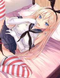 10s 1girl aimee_(emi) aimee_(origin) alternate_breast_size bad_id bad_pixiv_id black_panties blonde_hair blue_eyes breasts clothed_sex crop_top elbow_gloves gloves highres implied_sex kantai_collection large_breasts long_hair looking_at_viewer on_bed open_mouth out-of-frame_censoring out_of_frame panties saliva school_uniform serafuku shimakaze_(kancolle) shirt solo spread_legs striped_clothes striped_thighhighs taut_clothes taut_shirt thighhighs underwear white_gloves rating:Questionable score:51 user:danbooru