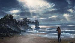  1boy 1girl beach cloud dekus highres ocean painting_(action) photographer scenery shore 