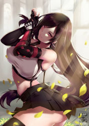 1girl arm_guards ass bad_id bad_pixiv_id bare_shoulders black_hair black_skirt black_thighhighs blurry blurry_background breasts crop_top earrings elbow_gloves final_fantasy final_fantasy_vii final_fantasy_vii_remake gainoob gloves jewelry large_breasts leaf long_hair looking_at_viewer low-tied_long_hair miniskirt navel parted_lips pleated_skirt red_eyes skirt smile solo sports_bra stomach suspenders tank_top taut_clothes thighhighs tifa_lockhart very_long_hair rating:Sensitive score:52 user:danbooru