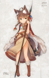 1777 1girl :d absurdres ahoge animal_ear_fluff animal_ears axe bare_legs belt boots braid brown_hair cape capelet commentary coreytaiyo cowboy_western dagger dated feather_hair_ornament feathers flying_sweatdrops full_body fur-trimmed_boots fur_cape fur_trim hair_ornament hatchet hatchet_(axe) highres holding holding_polearm holding_spear holding_weapon jewelry knife leather leather_boots medium_hair native_american open_mouth original pendant polearm sheath sheathed signature smile solo spear standing tail traditional_clothes twin_braids weapon yellow_eyes rating:Sensitive score:15 user:danbooru