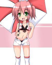  00s 1girl :d bikini bikini_under_clothes black_bikini eyebrows flat_chest front-tie_bikini_top front-tie_top green_eyes holding kobayakawa_yutaka loli lucky_star mai_(t-5) mai_t-5 navel open_clothes open_fly open_mouth open_vest over-kneehighs over_shoulder pink_background pink_hair race_queen red_hair short_hair short_shorts short_twintails shorts skirt smile solo standing star_(symbol) star_print swimsuit swimsuit_under_clothes thighhighs twintails umbrella unzipped vest white_thighhighs  rating:Questionable score:20 user:danbooru