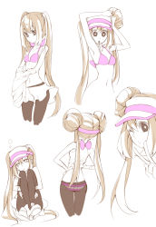  10s 1girl alternate_hairstyle armpits arms_up bad_id bad_pixiv_id bikini black_eyes bow bra brown_eyes brown_hair character_sheet colored_skin creatures_(company) crotch_seam double_bun doughnut_hair_bun face flat_color game_freak hair_bun holding holding_own_hair huan_li hugging_own_legs long_hair midriff mouth_hold multiple_views navel nintendo one_eye_closed panties panties_under_pantyhose pantyhose pink_bikini pokemon pokemon_bw2 rosa_(pokemon) shoes shorts simple_background sketch skirt sleepy sneakers striped_bikini striped_clothes swimsuit twintails underwear undressing v very_long_hair visor visor_cap white_background white_skin wink  rating:Sensitive score:57 user:wereAR