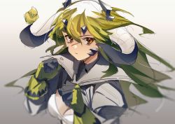  animal arknights bird breasts brown_eyes cleavage clenched_hands estelle_(arknights) gloves green_gloves green_hair horns long_hair looking_at_viewer scar scar_on_face serious zhili_xingzou 