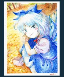  1girl blue_bow blue_dress blue_eyes blue_hair bobby_socks bow cirno closed_mouth dress hair_bow ice ice_wings light_blue_hair looking_at_viewer medinki official_style photo_(medium) puffy_short_sleeves puffy_sleeves short_hair short_sleeves smile socks solo touhou traditional_media tree white_socks wings zun_(style) 