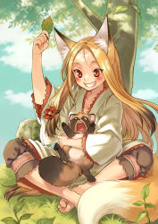 1girl animal animal_ears barefoot blonde_hair blush day eyebrows fang feet flower fox_ears fox_tail grass grin hair_flower hair_ornament leaf long_hair o_o open_mouth original outdoors red_eyes sitting smile solo spread_toes tail tanuki teeth toes tree you_gonna_get_raped yuuryuu_nagare rating:Sensitive score:11 user:danbooru
