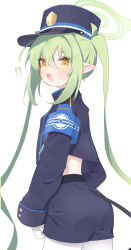  !? 1girl absurdres ass blue_archive blue_hat blue_jacket blue_shorts blush cropped_jacket demon_tail ear_blush earrings fang from_behind gloves green_hair green_halo halo hat highres jacket jewelry long_hair long_sleeves nozomi_(blue_archive) pantyhose peaked_cap pointy_ears satoh_vrc shorts simple_background skin_fang solo sweat tail twintails very_long_hair white_background white_gloves white_pantyhose yellow_eyes 