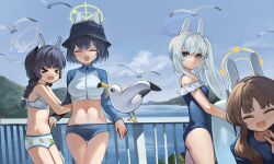  4girls animal animal_ears bare_arms bare_legs bare_shoulders bikini bird black_hair black_one-piece_swimsuit blue_archive blue_halo blue_hoodie blue_kimono braid breasts brown_hair casual_one-piece_swimsuit closed_eyes day dokomon fake_animal_ears flat_chest frilled_one-piece_swimsuit frills green_halo grey_hair grey_halo hair_between_eyes halo highres hood hoodie japanese_clothes kimono large_breasts leaf_print long_hair long_sleeves miyako_(blue_archive) miyako_(swimsuit)_(blue_archive) miyu_(blue_archive) miyu_(swimsuit)_(blue_archive) moe_(blue_archive) moe_(swimsuit)_(blue_archive) multiple_girls navel ocean off-shoulder_one-piece_swimsuit off_shoulder official_alternate_costume one-piece_swimsuit open_mouth outdoors ponytail print_bikini purple_eyes rabbit_ears rabbit_platoon_(blue_archive) rash_guard saki_(blue_archive) saki_(swimsuit)_(blue_archive) seagull small_breasts smile swimsuit twin_braids twintails white_bikini yellow_halo 