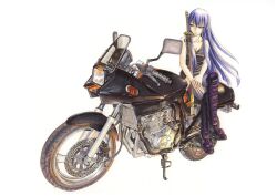  1girl black_footwear black_tank_top blue_pants boots breasts busujima_saeko cleavage denim floating_hair highres highschool_of_the_dead jeans katana long_hair looking_to_the_side marker_(medium) medium_breasts motor_vehicle motorcycle pants purple_hair shin_osawa simple_background sitting smile suzuki_(company) suzuki_gsx-250s sword tank_top traditional_media vehicle_focus very_long_hair weapon white_background 