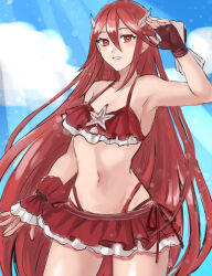 1girl bare_shoulders bikini blue_sky cloud commentary_request cordelia_(fire_emblem) cordelia_(summer)_(fire_emblem) feather_hair_ornament feathers fingerless_gloves fire_emblem fire_emblem_awakening fire_emblem_heroes gloves hair_between_eyes hair_ornament hazuki_(nyorosuke) highres long_hair looking_at_viewer navel nintendo official_alternate_costume red_bikini red_eyes red_hair sky smile solo swimsuit very_long_hair 