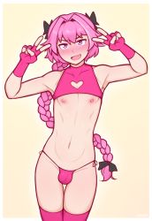 1boy armpits astolfo_(fate) bad_id black_bow blush border bow braid bulge clothing_cutout cowboy_shot crop_top double_v dross fang fate/apocrypha fate/grand_order fate_(series) hair_bow hair_intakes heart_cutout highres legs_together long_braid male_focus micro_panties navel nipples panties pink_hair pink_panties pink_theme pink_thighhighs purple_eyes side-tie_panties simple_background single_braid skin_fang solo standing thigh_gap thighhighs trap underwear v yellow_background rating:Questionable score:222 user:danbooru