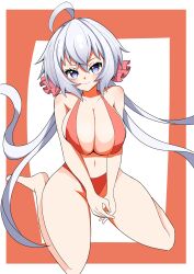  1girl 9ma_(9matohibari) absurdres ahoge bikini blue_eyes blush breasts cleavage closed_mouth full_body groin hair_between_eyes hair_ribbon highres large_breasts long_hair looking_at_viewer navel own_hands_together pink_ribbon red_bikini ribbon senki_zesshou_symphogear simple_background sitting smile solo stomach swimsuit thick_thighs thighs very_long_hair wariza white_hair yukine_chris 