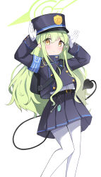  1girl absurdres belt black_belt black_hat black_jacket black_skirt black_tail blue_archive blush closed_mouth demon_tail earrings feet_out_of_frame green_hair green_halo halo hat highres hikari_(blue_archive) jacket jewelry long_hair long_sleeves looking_at_viewer pantyhose peaked_cap pleated_skirt pointy_ears simple_background skirt solo tail white_background white_pantyhose yellow_eyes yoi0341 